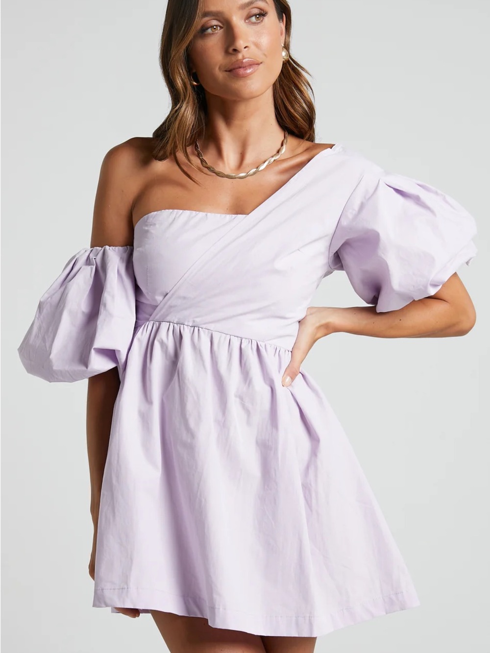 Showpo Sula Asymmetrical Cotton Poplin One-Shoulder Puff Sleeve Mini Dress NWT
